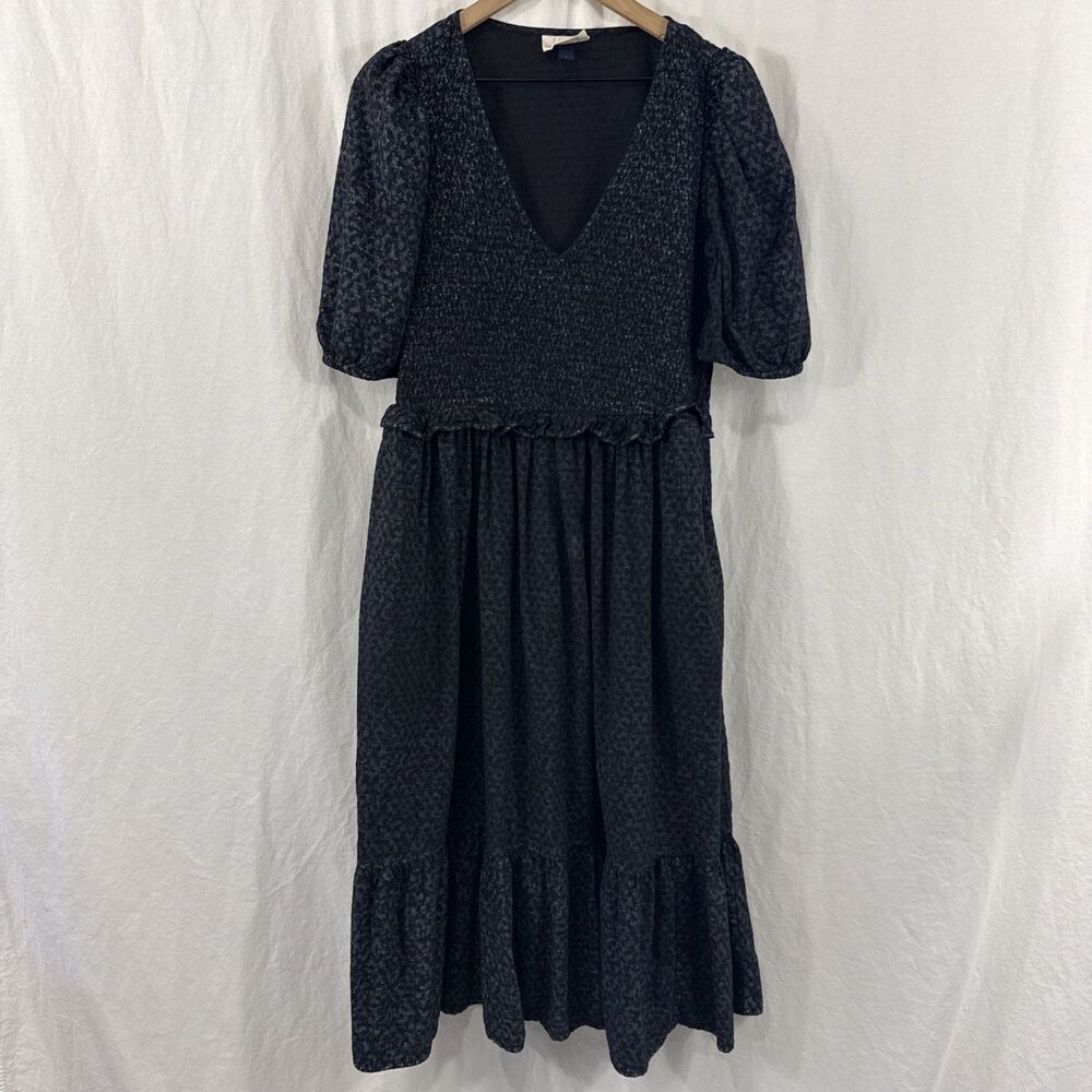 Universal Thread Blue Black Smocked Waist Ruffle Hem Midi Dress Womens Sz L READ